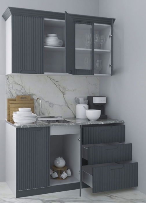 Set bucatarie SPACE 140 cm, 4 corpuri, cu sertare, blat termorezistent, fronturi MDF, antracit [2]