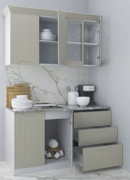 Set bucatarie SPACE 140 cm, 4 corpuri, cu sertare, blat termorezistent, fronturi MDF, crem [2]