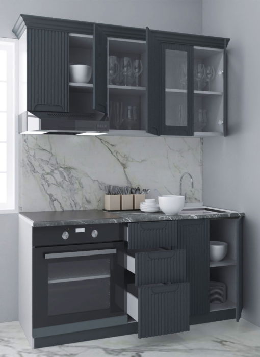 Set bucatarie SPACE 160 cm, 6 corpuri, corp cuptor, cu sertare, blat termorezistent, fronturi MDF, antracit [2]