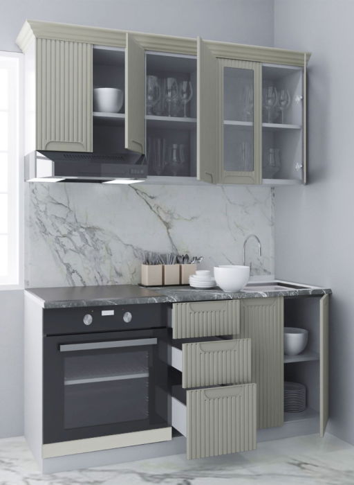 Set bucatarie SPACE 160 cm, 6 corpuri, corp cuptor, cu sertare, blat termorezistent, fronturi MDF, crem [2]