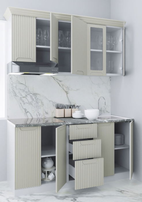 Set bucatarie SPACE 160 cm, 6 corpuri, cu serare, blat termorezistent, fronturi MDF, crem [2]