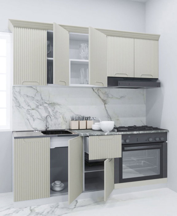 Set bucatarie SPACE 180 cm, 6 corpuri, corp cuptor, blat termorezistent, fronturi MDF, crem [2]