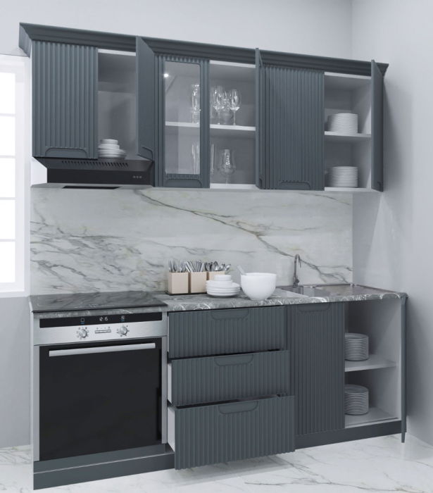 Set bucatarie SPACE 200 cm, 6 corpuri, corp cuptor, cu sertare, blat termorezistent, fronturi MDF, antracit [2]