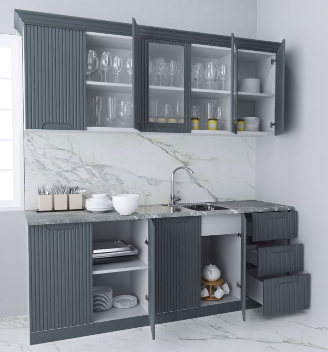 Set bucatarie SPACE 200 cm, 6 corpuri, cu sertare, blat termorezistent, fronturi MDF, antracit [2]