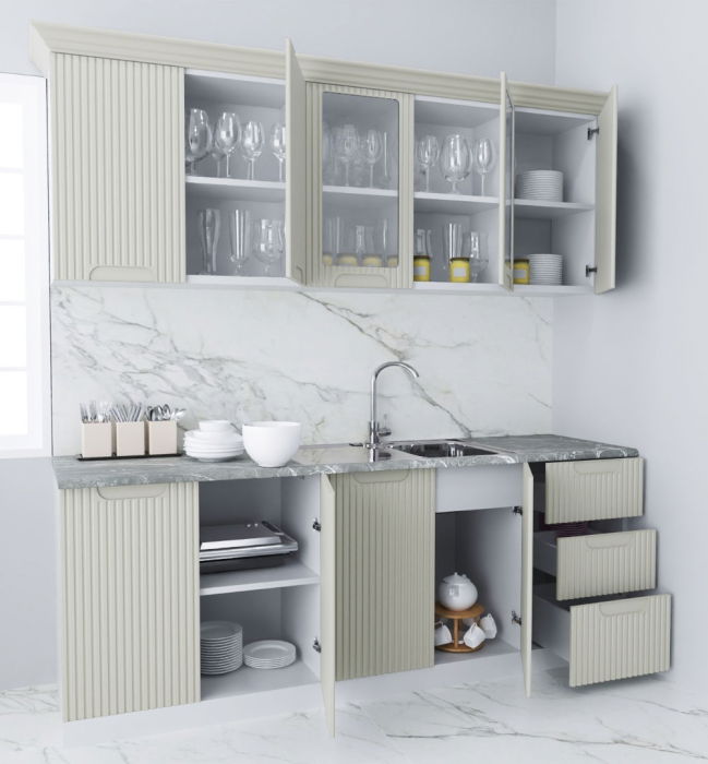 Set bucatarie SPACE 200 cm, 6 corpuri, cu sertare, blat termorezistent, fronturi MDF, crem [2]