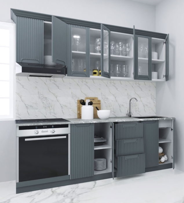 Set bucatarie SPACE 220 cm, 8 corpuri, corp cuptor, cu sertare, blat termorezistent, fronturi MDF, antracit [2]