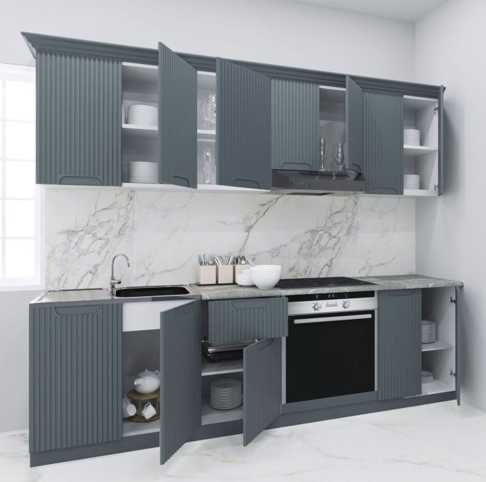 Set bucatarie SPACE 240 cm, 8 corpuri, corp cuptor, blat termorezistent, fronturi MDF, antracit [2]