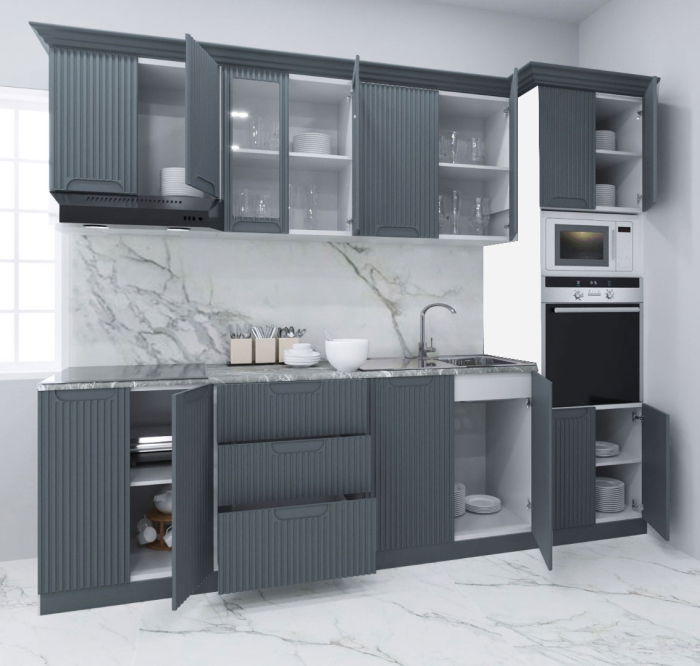 Set bucatarie SPACE 260 cm, 7 corpuri, corp cuptor + microunde, blat termorezistent, fronturi MDF, antracit [2]