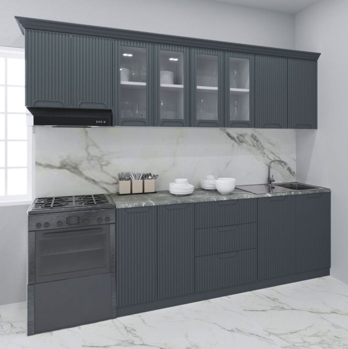 Set bucatarie SPACE 260 cm, 7 corpuri, cu sertare, blat termorezistent, fronturi MDF, antracit [1]