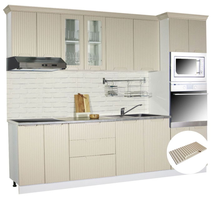 Set bucatarie SPACE 260 cm, 7 corpuri, corp cuptor + microunde, blat termorezistent, fronturi MDF, crem [3]