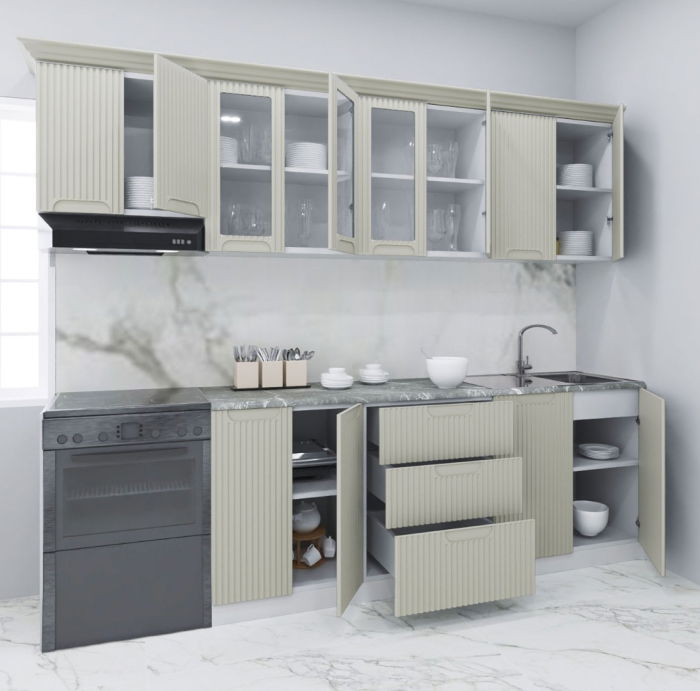 Set bucatarie SPACE 260 cm, 7 corpuri, cu sertare, blat termorezistent, fronturi MDF, crem [2]