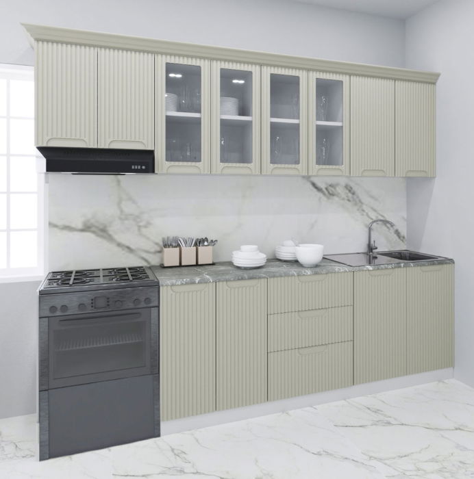 Set bucatarie SPACE 260 cm, 7 corpuri, cu sertare, blat termorezistent, fronturi MDF, crem [1]