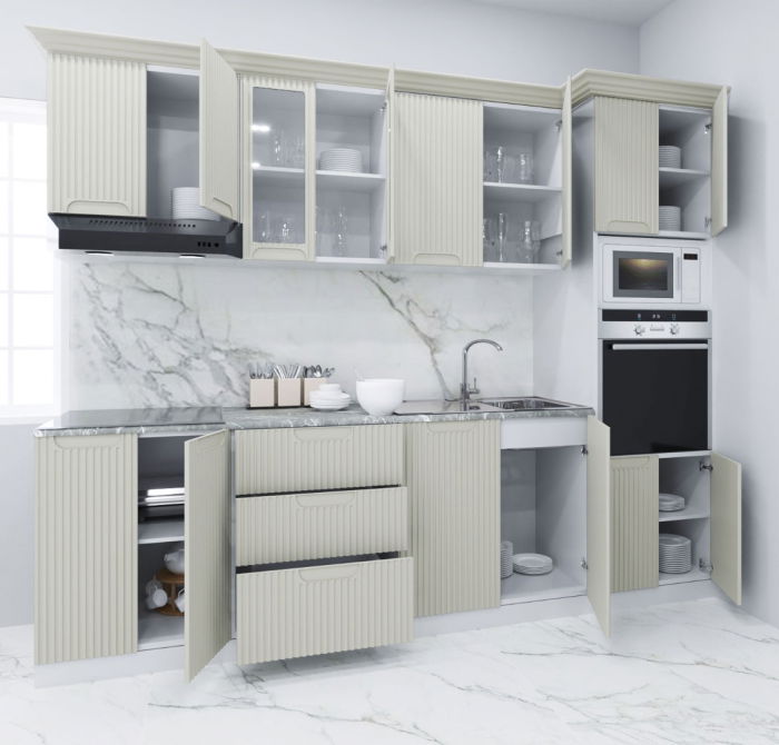 Set bucatarie SPACE 260 cm, 7 corpuri, corp cuptor + microunde, blat termorezistent, fronturi MDF, crem [2]