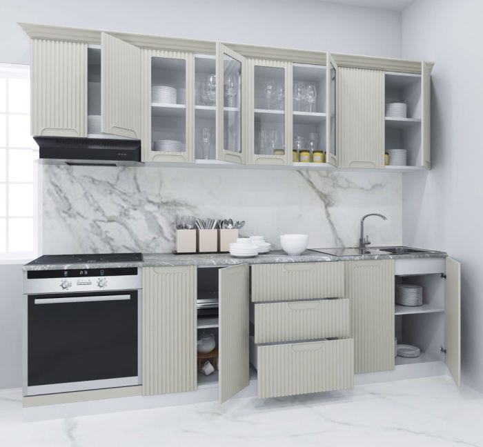 Set bucatarie SPACE 260 cm, 8 corpuri, corp cuptor, cu sertare, blat termorezistent, fronturi MDF, crem [2]