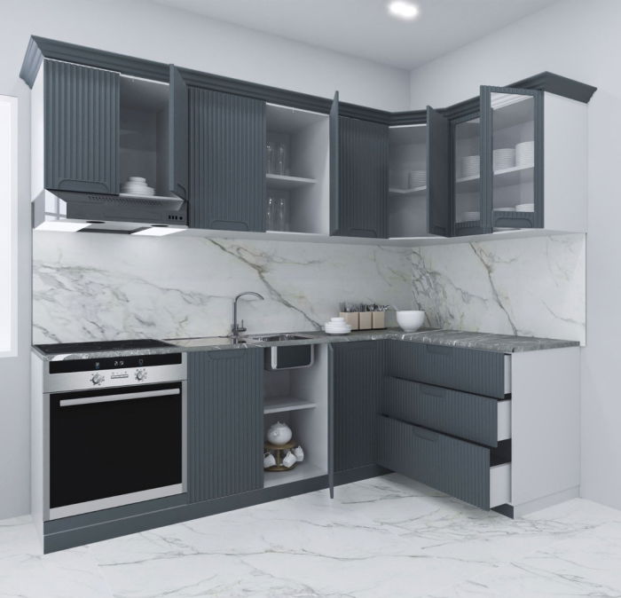 Set bucatarie SPACE COLT 240x140 cm, 9 corpuri, blat termorezistent, fronturi MDF, antracit [2]