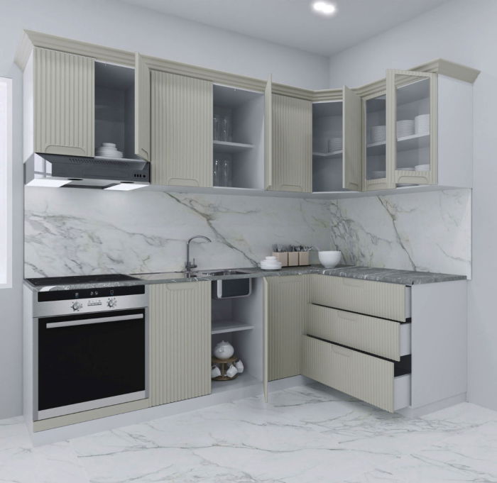 Set bucatarie SPACE COLT 240x140 cm, 9 corpuri, blat termorezistent, fronturi MDF, crem [2]