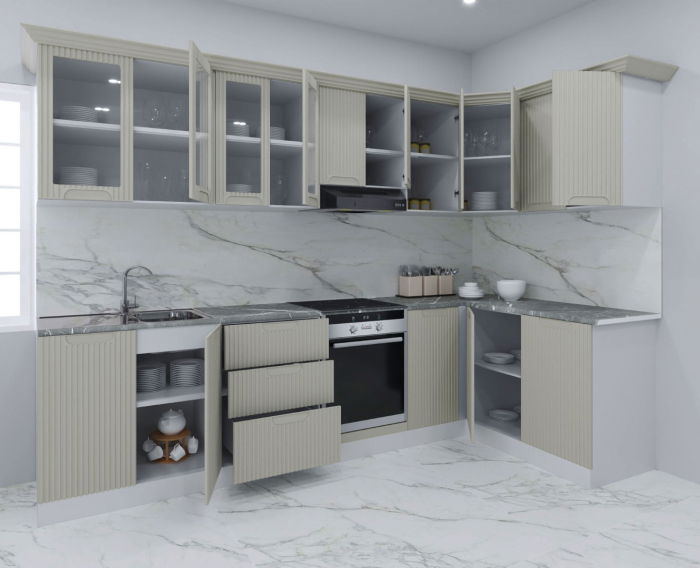 Set bucatarie SPACE COLT 300x140 cm, 11 corpuri, blat termorezistent, fronturi MDF, crem [2]