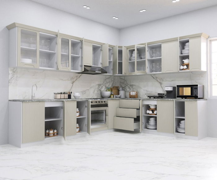 Set bucatarie SPACE COLT 300x250 cm, 15 corpuri, blat termorezistent, fronturi MDF, crem [2]