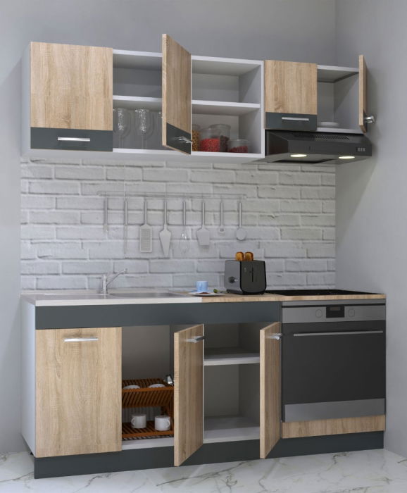 Set bucatarie SARONA 180 cm, 4 corpuri, corp cuptor, blat PAL, sonoma+antracit [2]