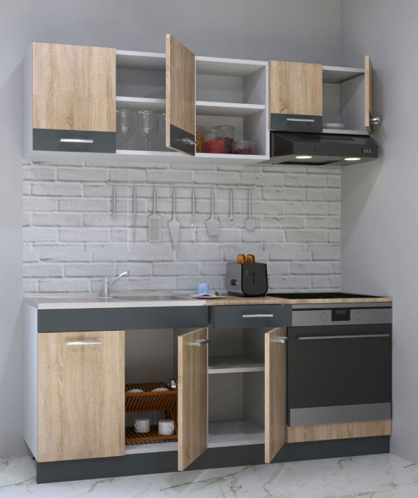 Set bucatarie SARONA 180 cm, 4 corpuri, corp cuptor, cu sertar, blat PAL, sonoma+antracit [2]