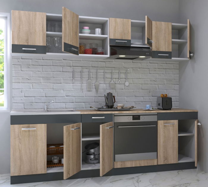 Set bucatarie SARONA 240 cm, 6 corpuri, corp cuptor, blat PAL, sonoma+antracit [2]