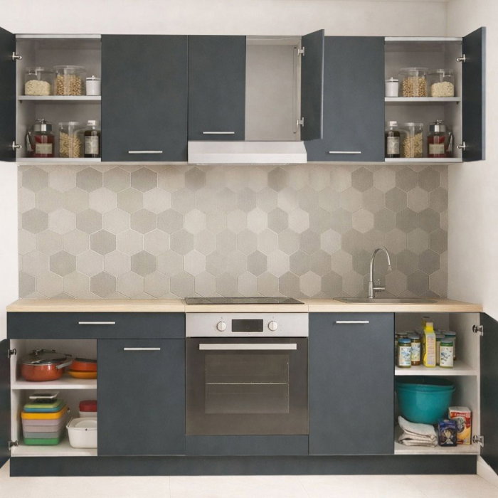 Set bucatarie GERMANIA 220 cm, 6 corpuri, corp cuptor, 1 sertar, blat gros, antracit [2]