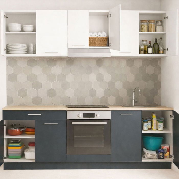 Set bucatarie GERMANIA 220 cm, 6 corpuri, corp cuptor, 1 sertar, blat gros, antracit + alb [2]