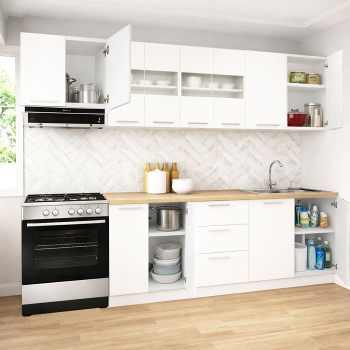 Set bucatarie GERMANIA 260 cm, 7 corpuri, 3 sertare, blat gros, alb [2]