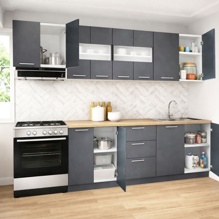 Set bucatarie GERMANIA 260 cm, 7 corpuri, 3 sertare, blat gros, antracit [2]