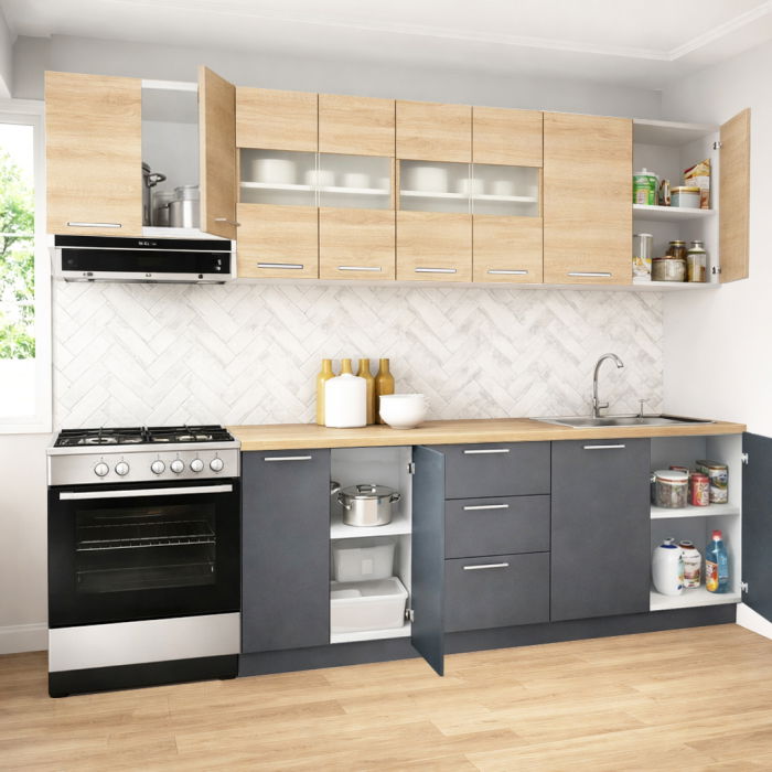 Set bucatarie GERMANIA 260 cm, 7 corpuri, 3 sertare, blat gros, antracit + sonoma [2]