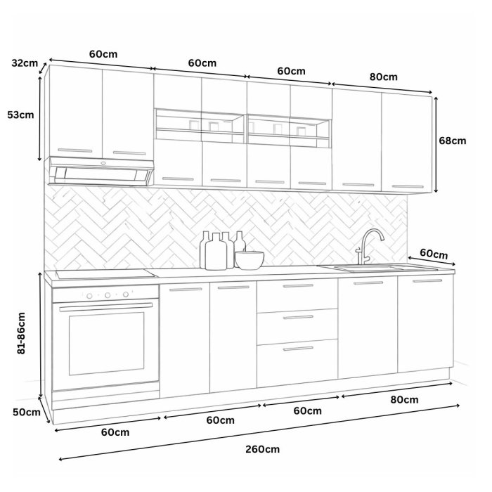 Set bucatarie GERMANIA 260 cm, 8 corpuri, corp cuptor, 3 sertare, blat gros, alb [3]