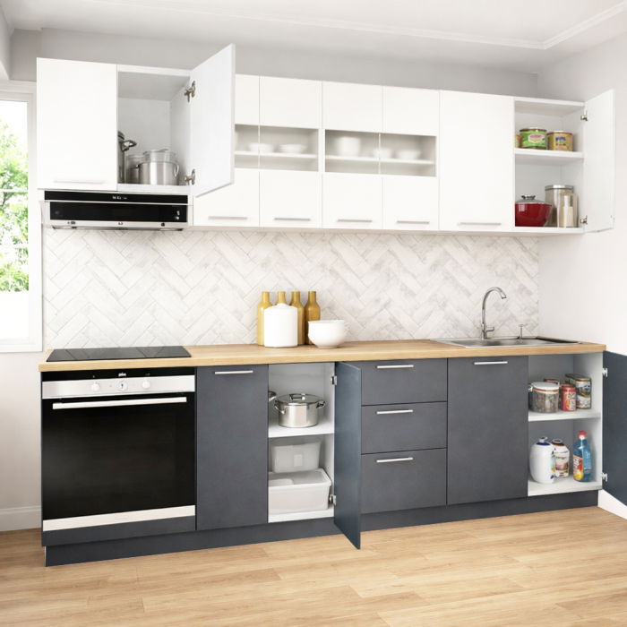 Set bucatarie GERMANIA 260 cm, 8 corpuri, corp cuptor, 3 sertare, blat gros, antracit + alb [2]