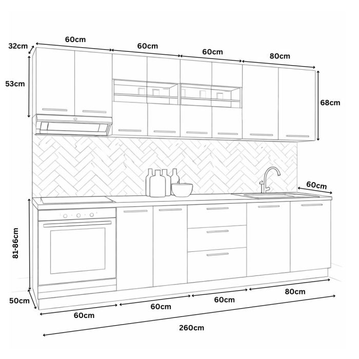Set bucatarie GERMANIA 260 cm, 8 corpuri, corp cuptor, 3 sertare, blat gros, antracit + alb [3]