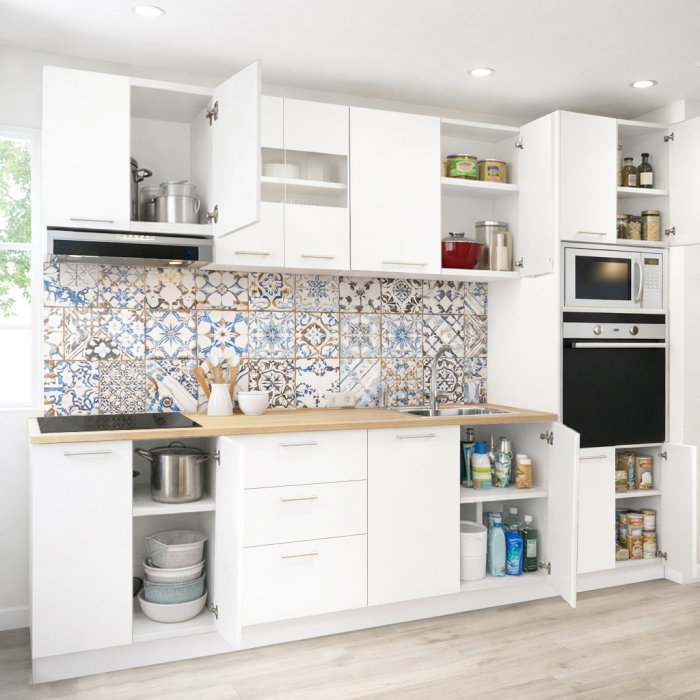 Set bucatarie GERMANIA 260 cm, 7 corpuri, corp cuptor-cuptor microunde, 3 sertare, blat gros, alb [2]