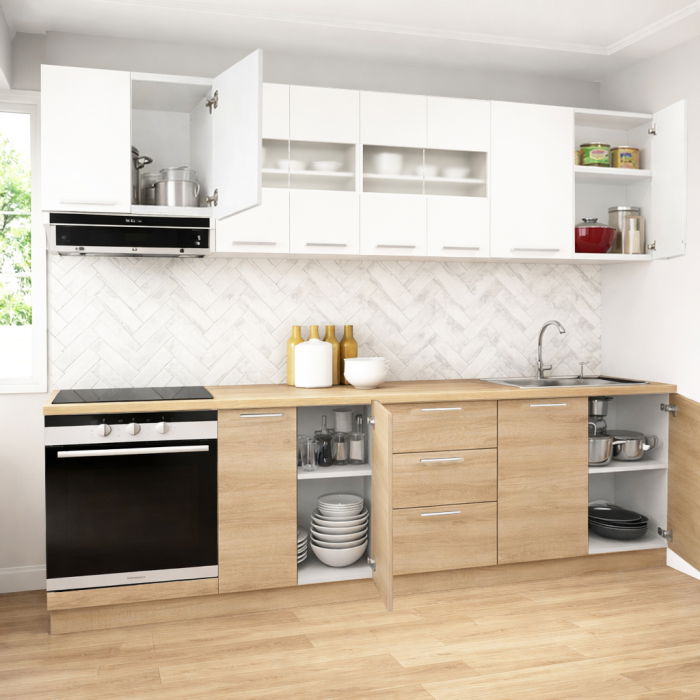 Set bucatarie GERMANIA 260 cm, 8 corpuri, corp cuptor, 3 sertare, blat gros, sonoma + alb [2]