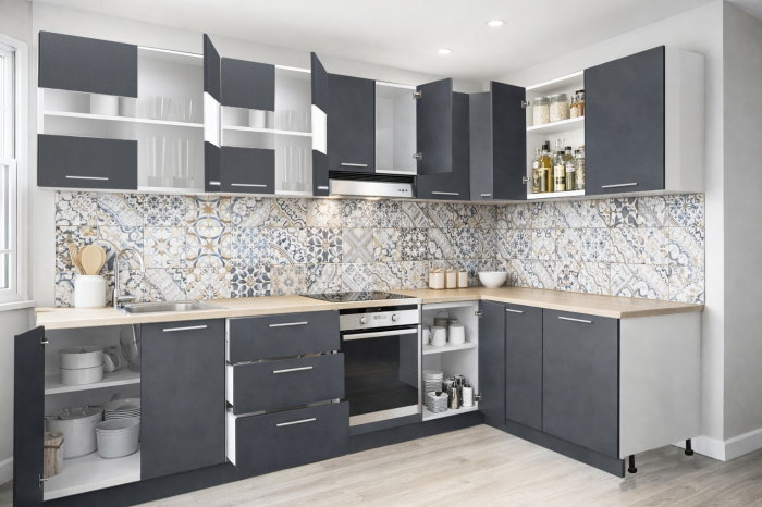 Set bucatarie colt GERMANIA 300 x 140 cm, 11 corpuri, corp cuptor, blat gros, soft-close, antracit [2]