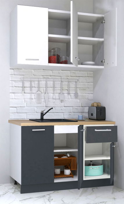 Set bucatarie GERMANIA 120 cm, 4 corpuri, 1 sertar, blat gros, antracit + alb [2]