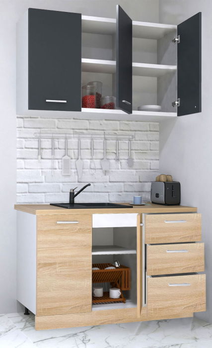 Set bucatarie GERMANIA 120 cm, 4 corpuri, 3 sertare, blat gros, sonoma + antracit [2]