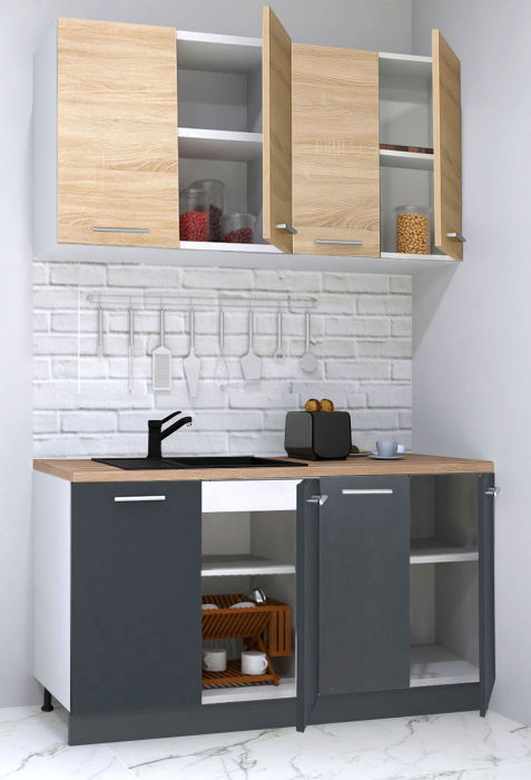 Set bucatarie GERMANIA 140 cm, 4 corpuri, blat gros, antracit + sonoma [2]