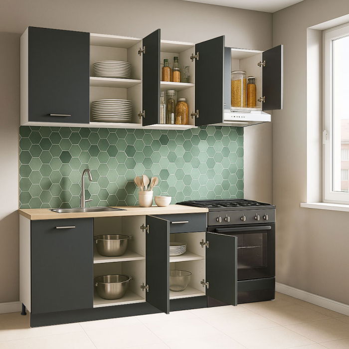 Set bucatarie GERMANIA 180 cm, 5 corpuri, 1 sertar, blat gros, antracit [2]