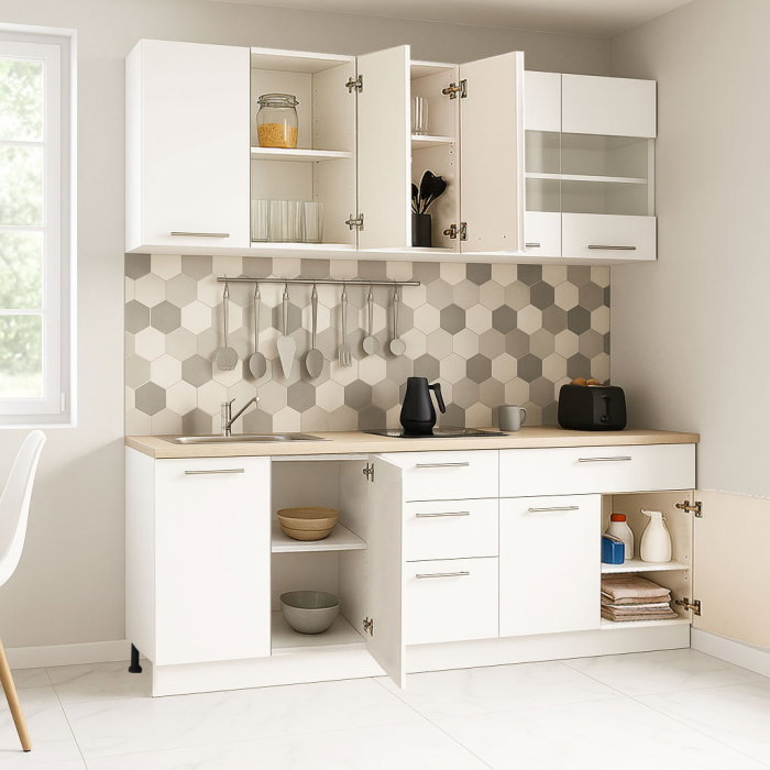 Set bucatarie GERMANIA 200 cm, 6 corpuri, 4 sertare, blat gros, alb [2]