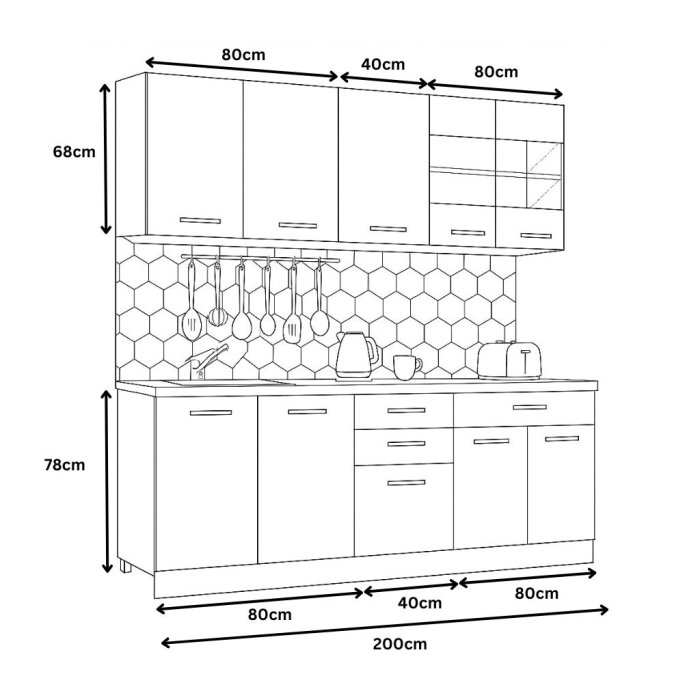 Set bucatarie GERMANIA 200 cm, 6 corpuri, 4 sertare, blat gros, antracit [3]