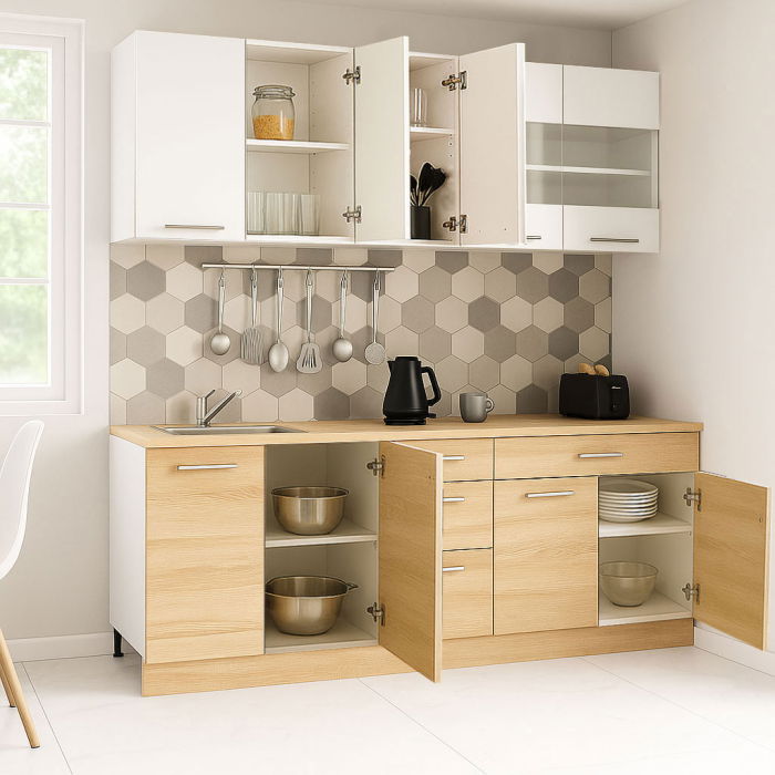 Set bucatarie GERMANIA 200 cm, 6 corpuri, 4 sertare, blat gros, sonoma + alb [2]