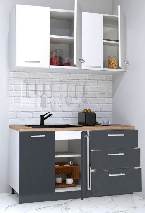 Set bucatarie GERMANIA 140 cm, 4 corpuri, 3 sertare, blat gros, antracit + alb [2]