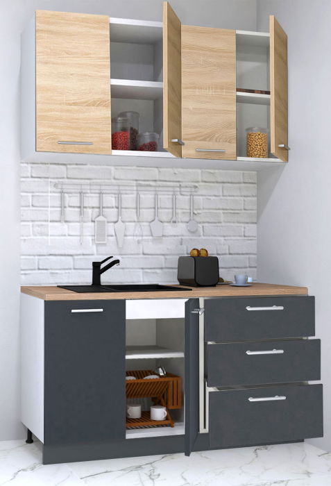 Set bucatarie GERMANIA 140 cm, 4 corpuri, 3 sertare, blat gros, antracit + sonoma [2]