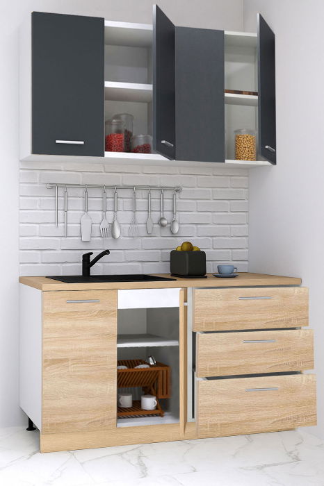 Set bucatarie GERMANIA 140 cm, 4 corpuri, 3 sertare, blat gros, sonoma + antracit [2]