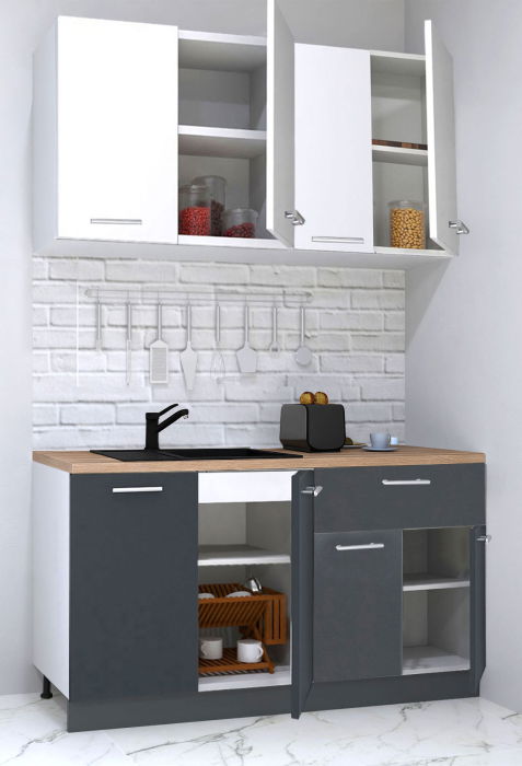 Set bucatarie GERMANIA 140 cm, 4 corpuri, 1 sertar, blat gros, antracit + alb [2]