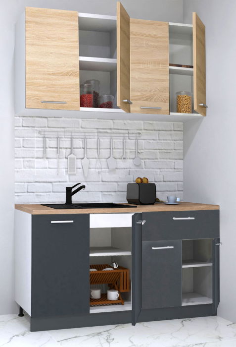 Set bucatarie GERMANIA 140 cm, 4 corpuri, 1 sertar, blat gros, antracit + sonoma [2]