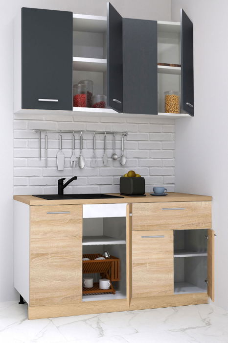 Set bucatarie GERMANIA 140 cm, 4 corpuri, 1 sertar, blat gros, sonoma + antracit [2]