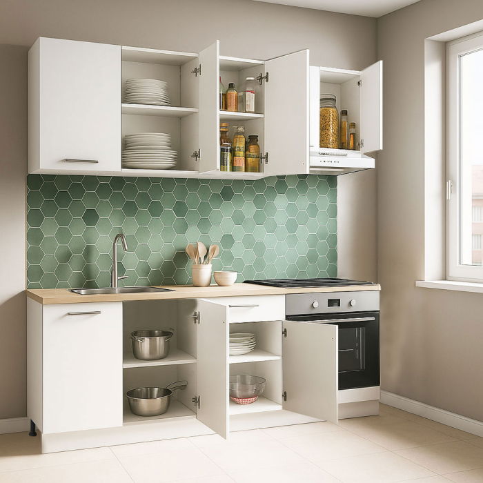 Set bucatarie GERMANIA 180 cm, 6 corpuri, corp cuptor, 1 sertar, blat gros, alb [2]